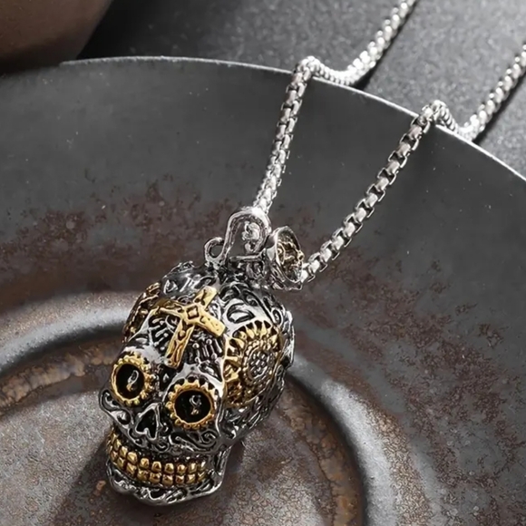 New! MEN'S Day of the Dead Dia de los Muertos Skull Pendant Necklace. - Picture 5 of 8